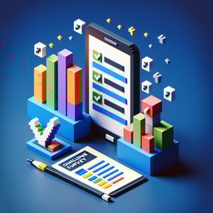 3D voxel art depicting the concept of online mobile phone surveys on a dark blue background.