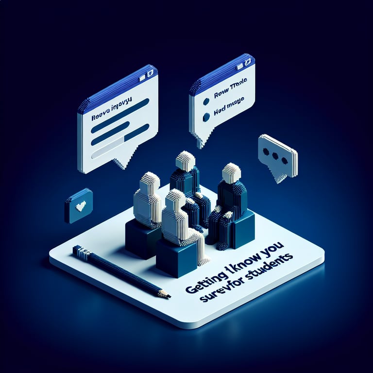 3D voxel art depicting online student surveys on a dark blue background.
