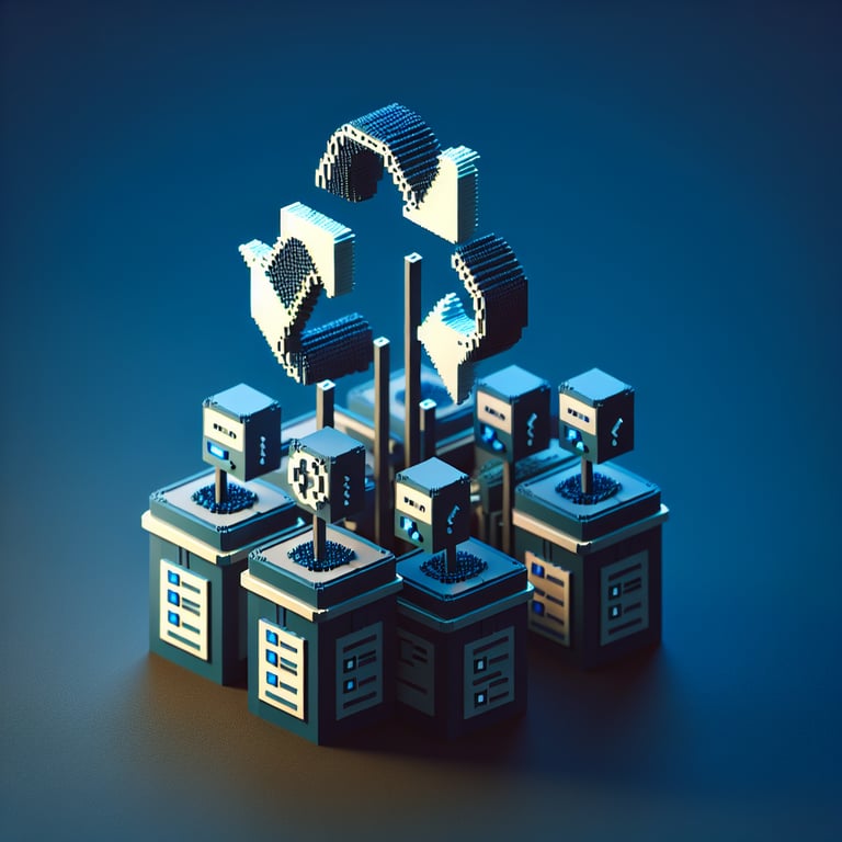 3D voxel art of online surveys on a dark blue background, symbolizing recycling survey questions.