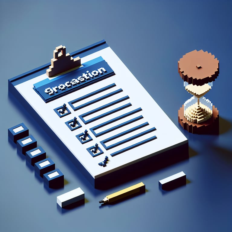3D voxel art depicting procrastination survey concept on a dark blue background.