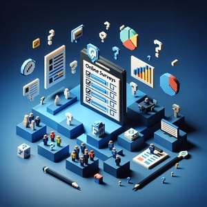 3D voxel art depicting the concept of online video surveys with a dark blue background.