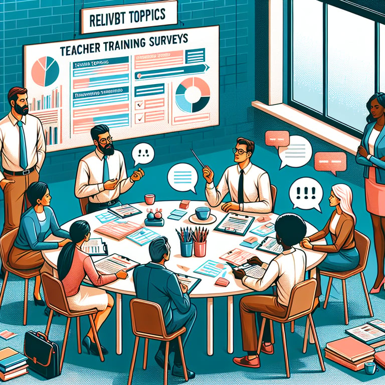 Illustration depicting various topics in Teacher Training survey questions.