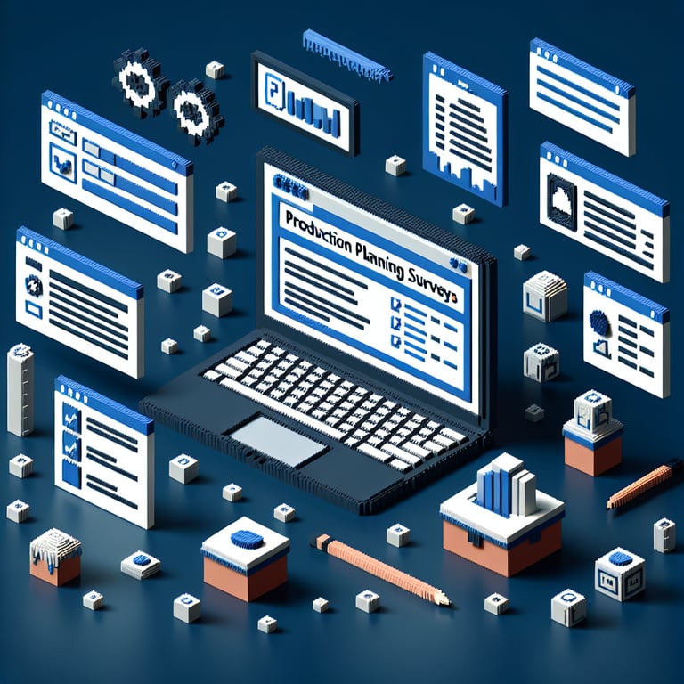 3D voxel art depicting the concept of online production planning surveys on a dark blue background.