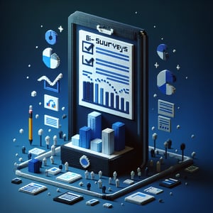3D voxel art depicting online BI survey process on a dark blue background.