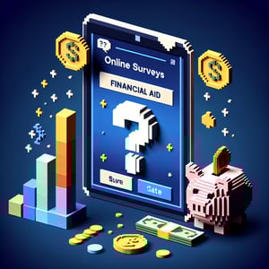 3D voxel art depicting online financial aid survey process on a dark blue background.