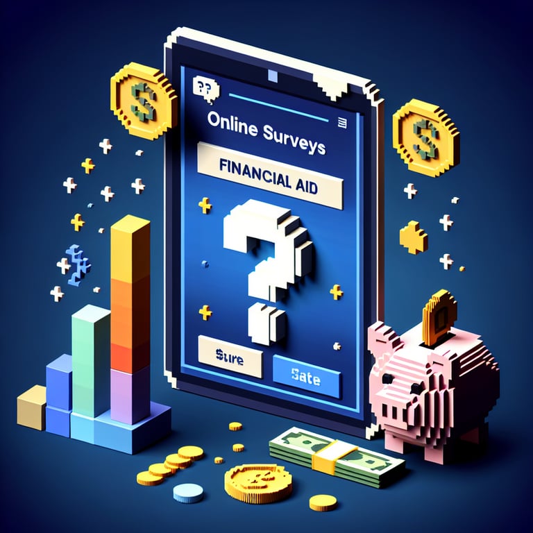 3D voxel art depicting online financial aid survey process on a dark blue background.
