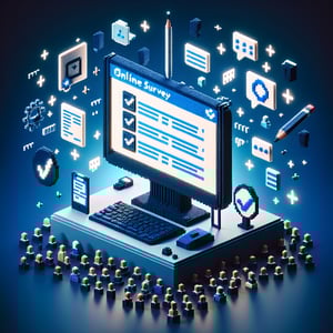 3D voxel art depicting online surveys, showcasing the concept of product pilot surveys on a dark blue background.