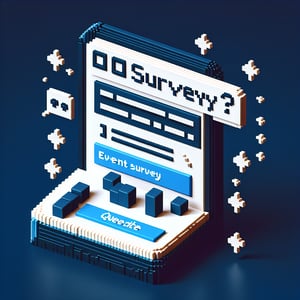 3D voxel art representing online event surveys, with a dark blue background.