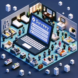 3D voxel art depicting online hotel survey concept on a dark blue background.