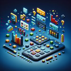 3D voxel art of online survey icons against a dark blue background, symbolizing consumer satisfaction surveys.