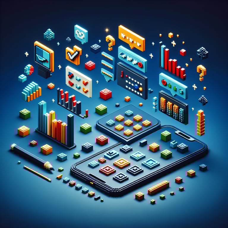 3D voxel art of online survey icons against a dark blue background, symbolizing consumer satisfaction surveys.