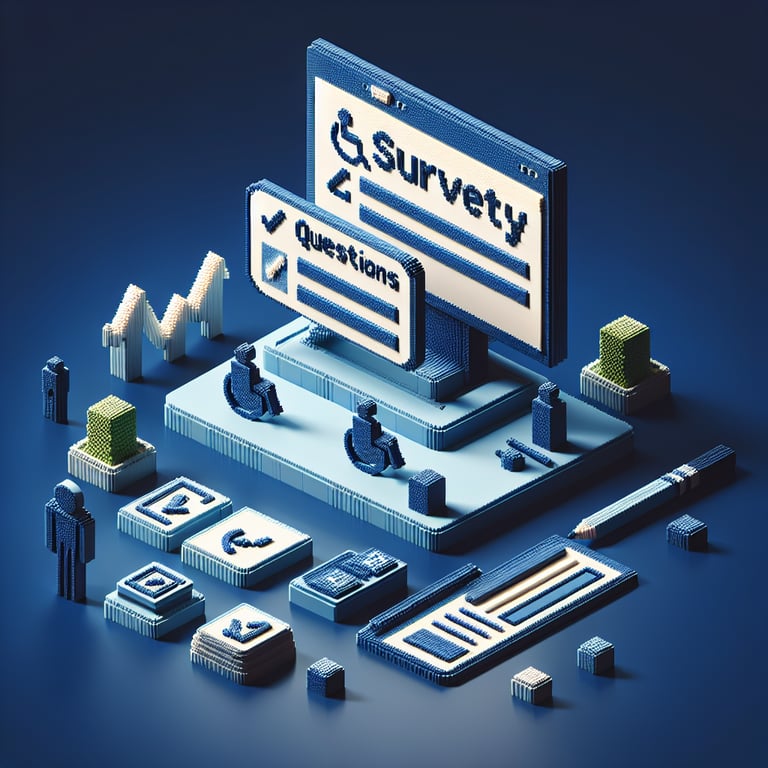 3D voxel art depicting online disability survey questions on a dark blue background.