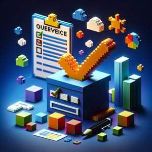 3D voxel art depicting online customer onboarding feedback surveys on a dark blue background.