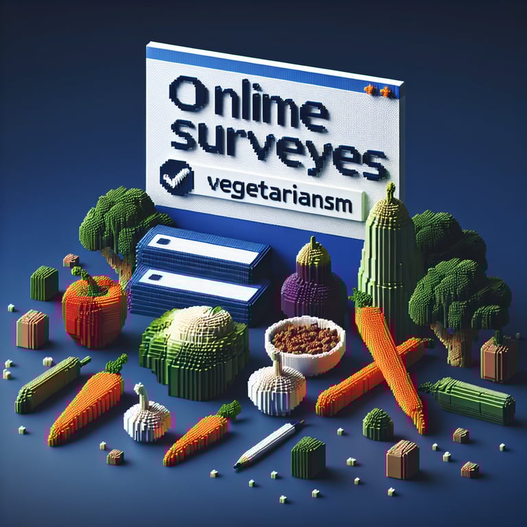 Creative 3D voxel showcasing a vegetarian questionnaire concept on dark blue backdrop
