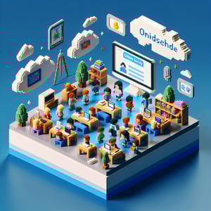 3D voxel art depicting online kindergarten survey concept on a dark blue background.