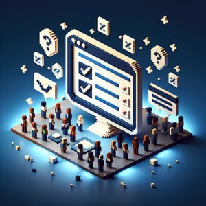 3D voxel art illustrating the concept of online business customer surveys on a dark blue background.