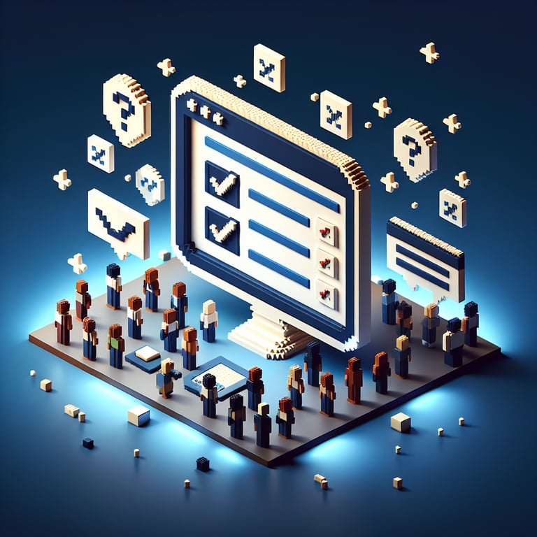 3D voxel art illustrating the concept of online business customer surveys on a dark blue background.