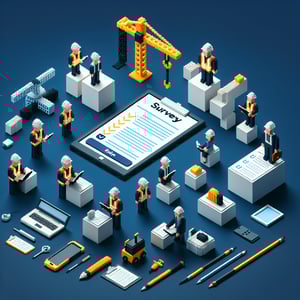 3D voxel art depicting online surveys related to construction, set against a dark blue background.