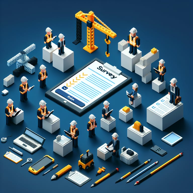 3D voxel art depicting online surveys related to construction, set against a dark blue background.