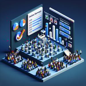 3D voxel art depicting online surveys and questions against a dark blue background.