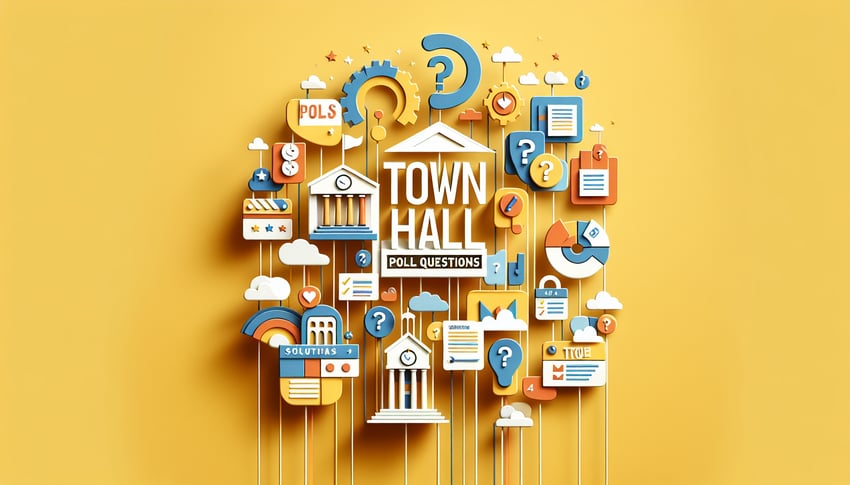 Paper-cut style illustration featuring diverse survey questions related to town hall meetings and community engagement.