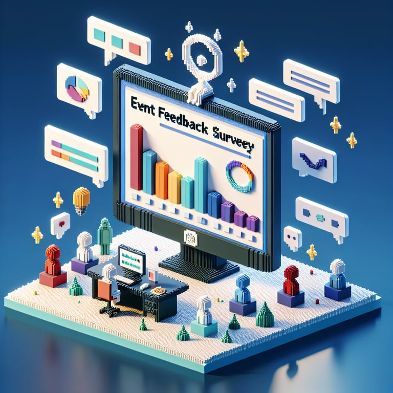 Artistic 3D voxel illustration of event feedback questionnaire examples