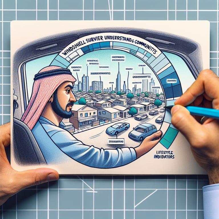 Windshield Surveys illustration featuring key survey questions for understanding communities