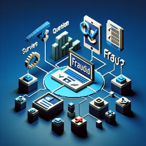 3D voxel art depicting online surveys, symbolizing fraud survey questions on a dark blue background.