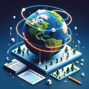 3D voxel art illustrating the concept of online distance traveled surveys on a dark blue background.