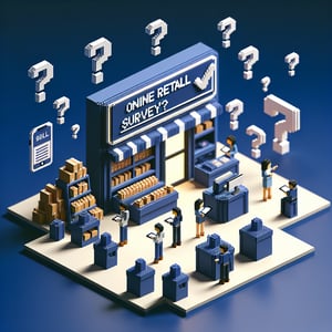 3D voxel art illustrating the concept of online retail surveys on a dark blue background.