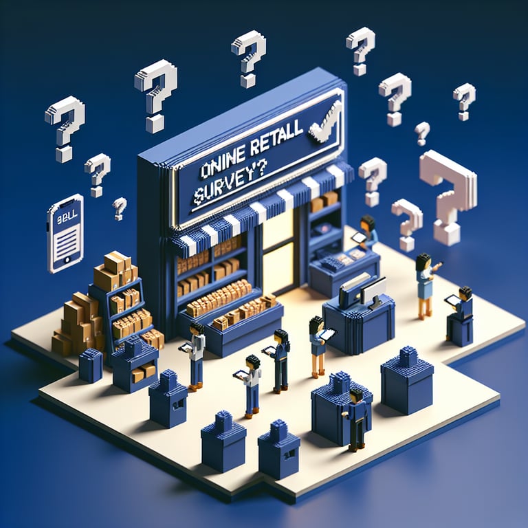 3D voxel art illustrating the concept of online retail surveys on a dark blue background.