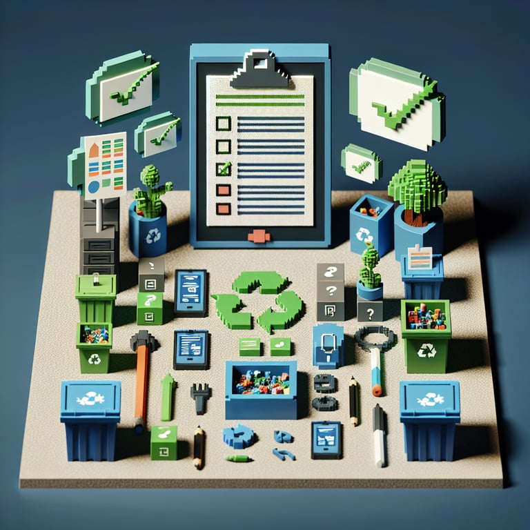 3D voxel art of online surveys on waste management with a dark blue background.