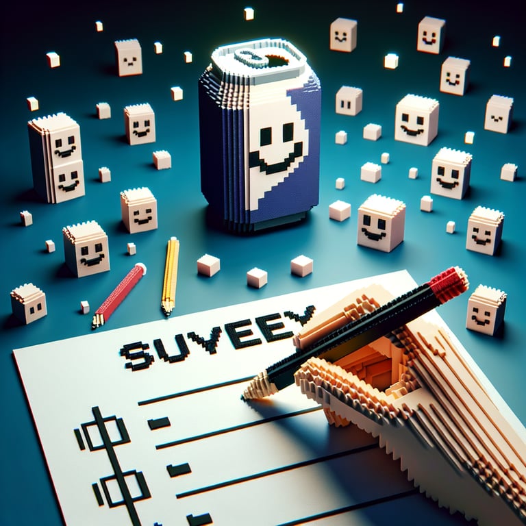 3D voxel art depicting an online soda survey with a dark blue background.