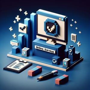 3D voxel art depicting online banking survey concept on a dark blue background.