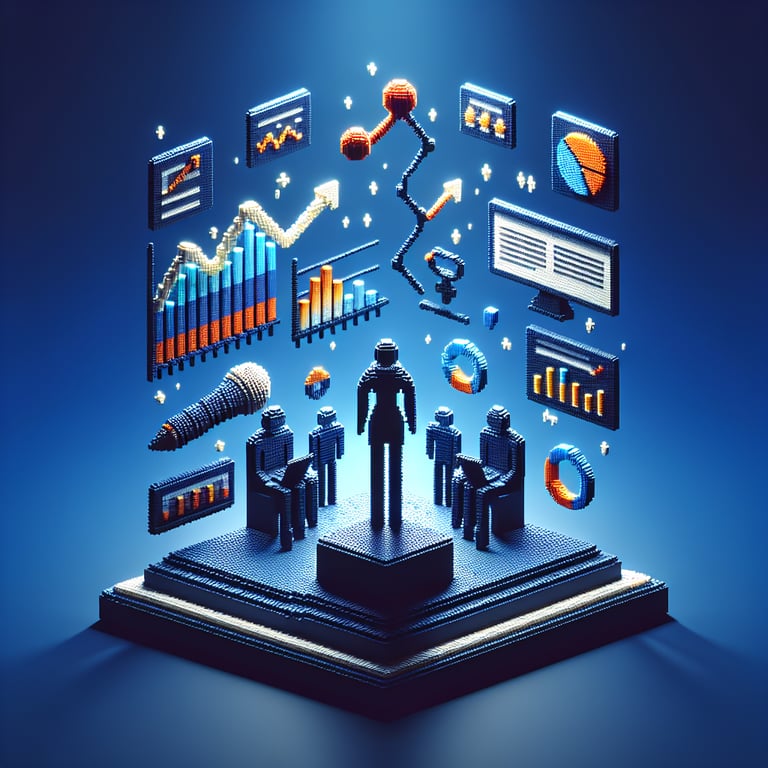 3D voxel art depicting online eurobarometer surveys on a dark blue background.