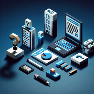 3D voxel art depicting online professional development surveys with a dark blue background.