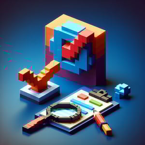 3D voxel art depicting online magazine feedback survey with dark blue background.