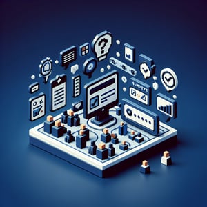 3D voxel art depicting the concept of engaging online surveys for students on a dark blue background.