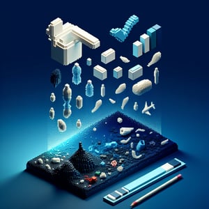3D voxel art depicting online surveys on plastic pollution against a dark blue background.
