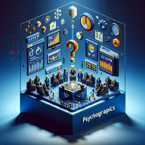 3D voxel art depicting online psychographic surveys on a dark blue background.