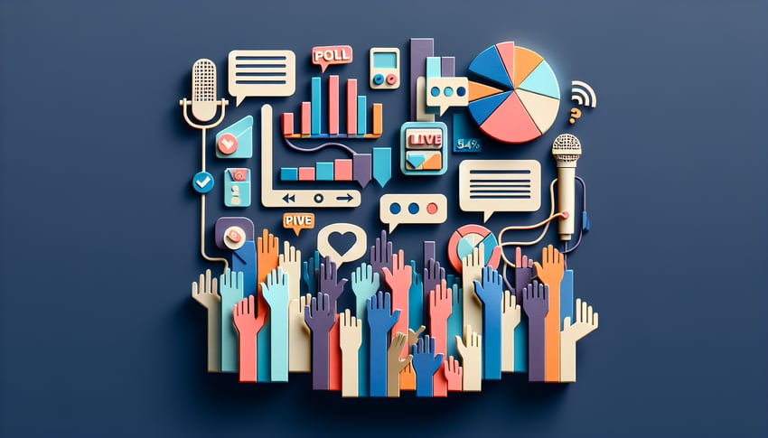 Paper-cut style illustration showing diverse people engaging with a live poll maker at an event.