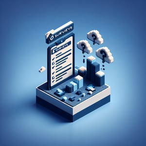 3D voxel art depicting online surveys, symbolizing decision making survey questions on a dark blue background.