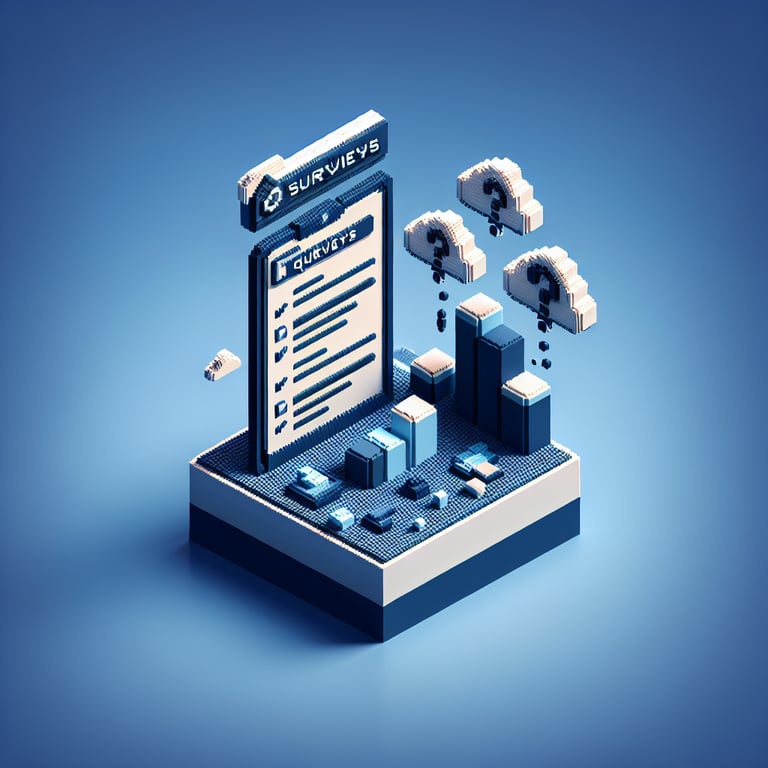 3D voxel art depicting online surveys, symbolizing decision making survey questions on a dark blue background.