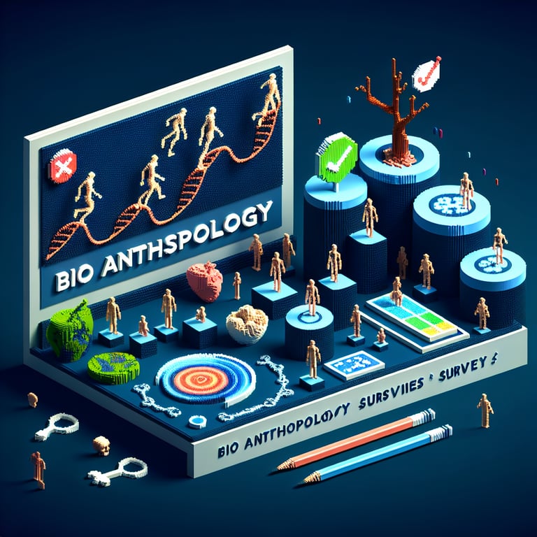 3D voxel art depicting the concept of online bio anthropology surveys on a dark blue background.