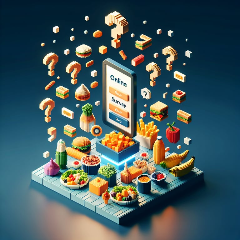 3D voxel art depicting online food preference surveys on a dark blue background.