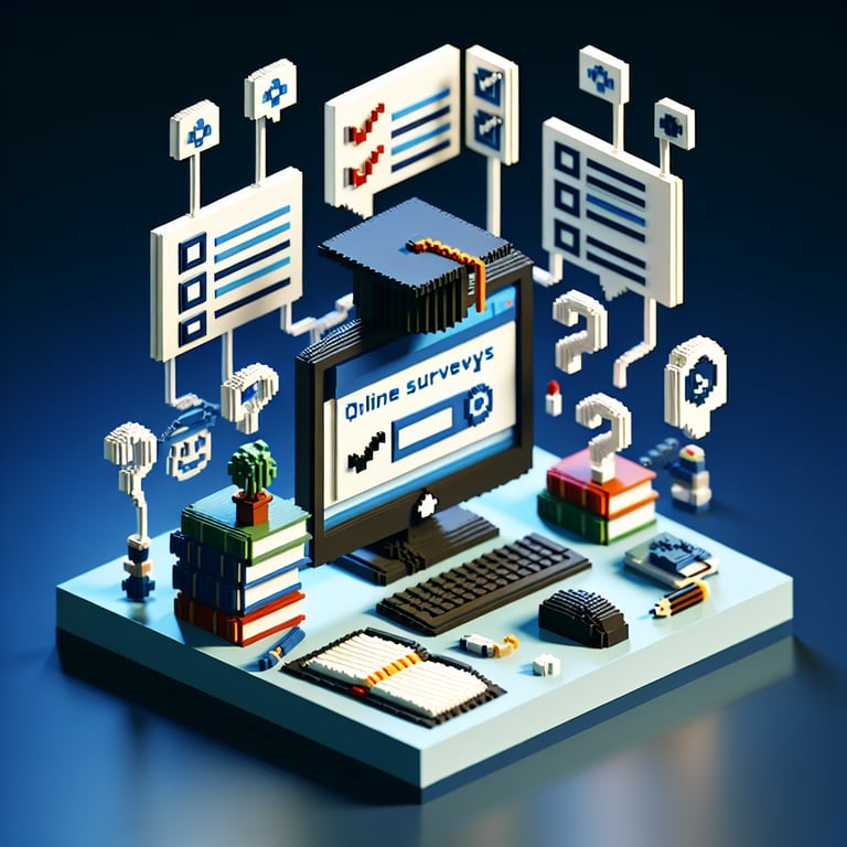 3D voxel art symbolizing online academic advising surveys on a dark blue background.