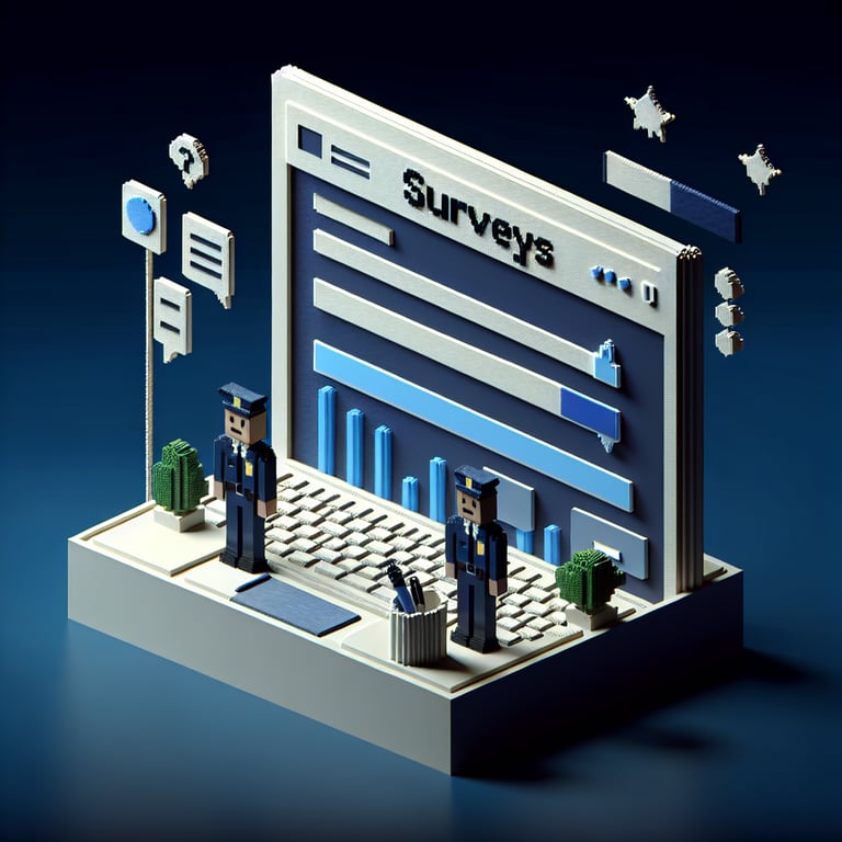 3D voxel art depicting online survey concept, specifically tailored for police officers, on a dark blue background.