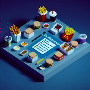 3D voxel art depicting an online fast food customer satisfaction survey on a dark blue background.