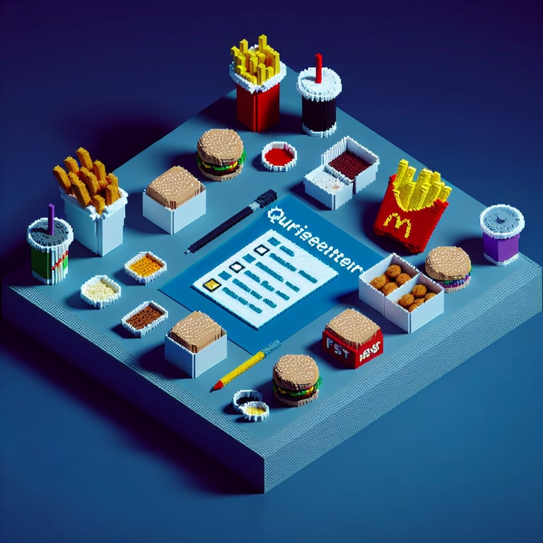 3D voxel art depicting an online fast food customer satisfaction survey on a dark blue background.