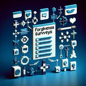 3D voxel art depicting online forgiveness survey concept on a dark blue background.